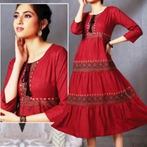 Women's Maroon Embroidered Flared Anarkali Kurti | Designer Ethnic A-Line Long Kurta Dress with 3/4 Sleeves for Festive & Casual Wear