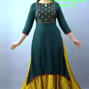 Women's Bottle Green Rayon Embroidered Kurti with Printed Full Flare Skirt Set | Ethnic Kurta Skirt Combo for Festive & Party Wear