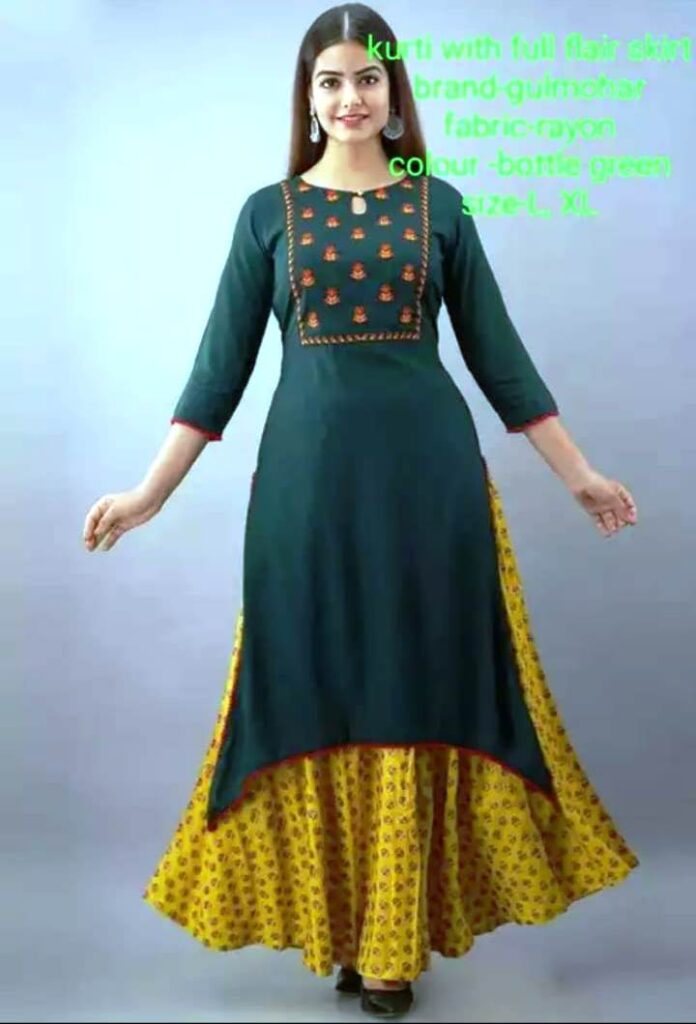 Women's Bottle Green Rayon Embroidered Kurti with Printed Full Flare Skirt Set | Ethnic Kurta Skirt Combo for Festive & Party Wear