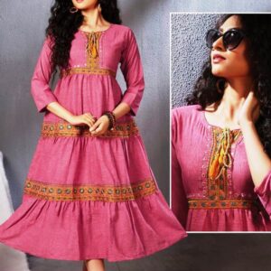 Women's Pink Embroidered Flared Anarkali Kurti | 3/4 Sleeve Ethnic A-Line Long Kurta Dress for Casual, Festive & Party Wear