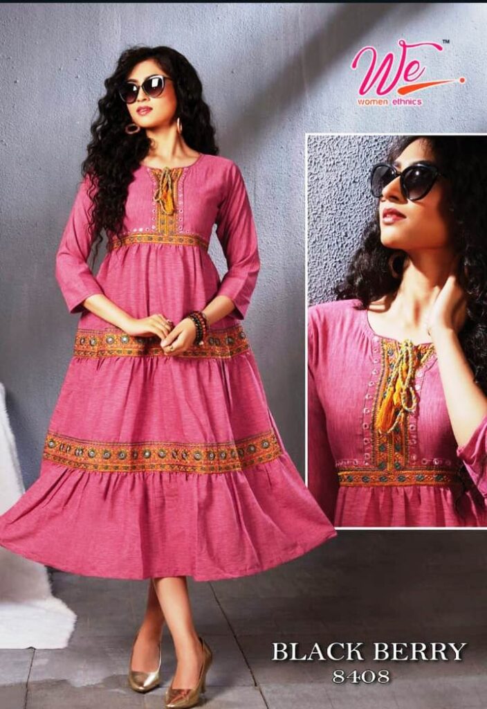 Women's Pink Embroidered Flared Anarkali Kurti | 3/4 Sleeve Ethnic A-Line Long Kurta Dress for Casual, Festive & Party Wear
